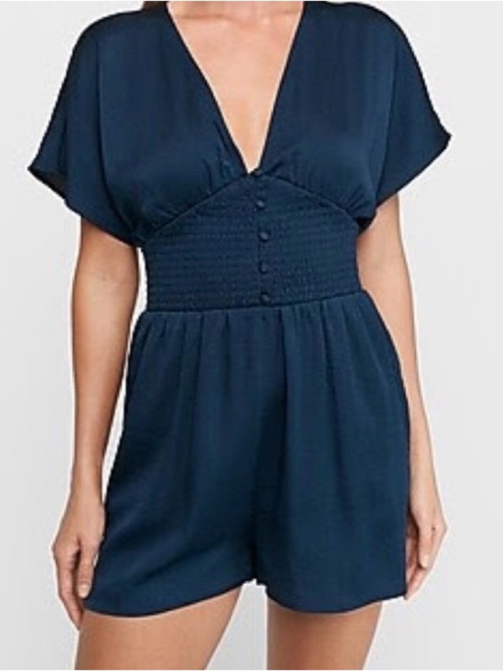 Express Navy Blue V-Neck Romper with Smocked Waist Size Large